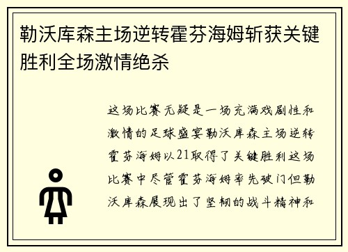 勒沃库森主场逆转霍芬海姆斩获关键胜利全场激情绝杀