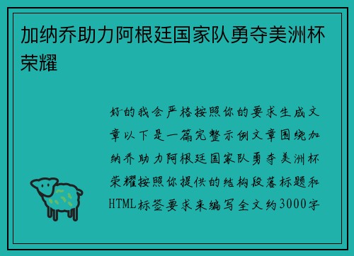 加纳乔助力阿根廷国家队勇夺美洲杯荣耀 加纳乔助力阿根廷国家队勇夺美洲杯荣耀